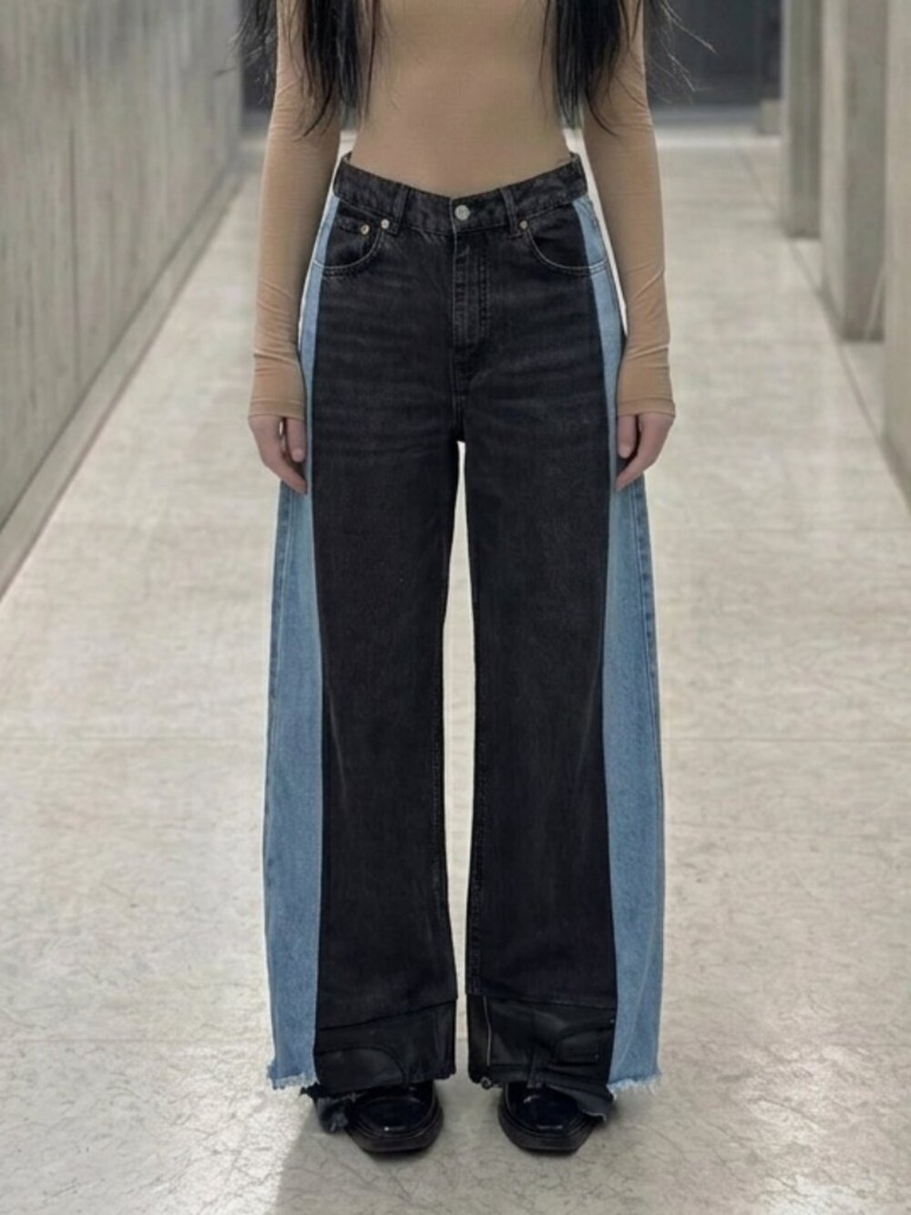 Reworked Wide Leg Two-Tone Contrast Denim Jeans - Grunge Y2K Aesthetic